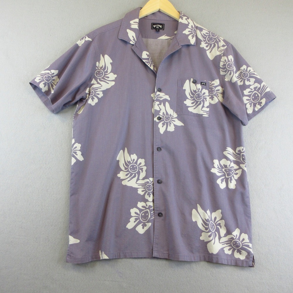 Billabong Shirt Mens Large Gray Floral‎ Smiley Short Sleeve Button Surf Skate